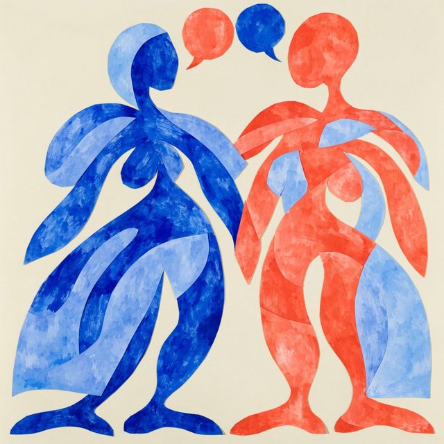 Papier découpé : deux silhouettes se parlent, deux bulles entre elles