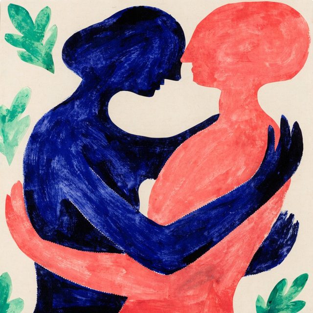 Papier découpé : deux femmes, l'une bleue, l'autre corail, s'enlacent joue contre joue parmi des feuilles